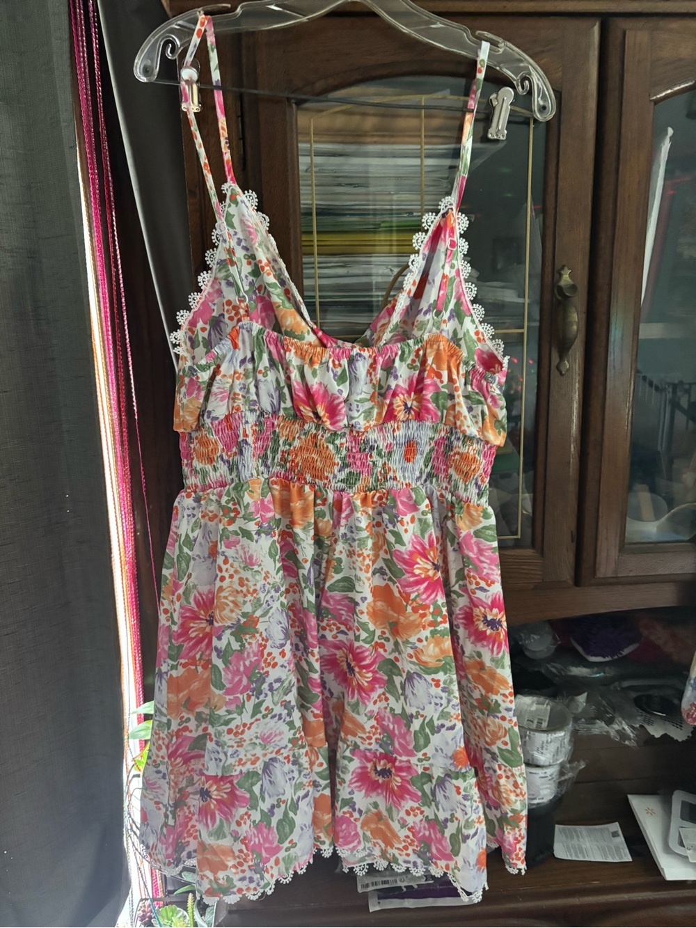 Floral Smocked V-Neck Sundress - Pink & Orange - Picture 3 of 3